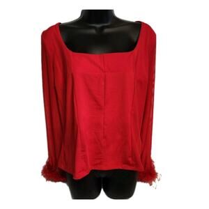 Ashley Stewart Women's Med Red Blouse Feather Cuffs Sheer Sleeves Party Glam